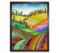 Wall Art Print Abstract Tuscany Hills Landscape Folk Art Framed Artery8 Brown W12 inch x H16 inch