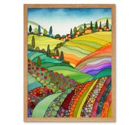 Wall Art Print Abstract Tuscany Hills Landscape Folk Art Framed Artery8 Light Oak W12 inch x H16 inch