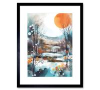Wall Art Print Abstract Winter Landscape Watercolour Painting Boho Countryside Sunrise Snow Artwork Framed 9X7 Inch Artery8 Black W7 inch x H9 inch