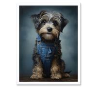 Wall Art Print Adorable Snorkie Dog in Blue Jean Dungarees Realistic Artwork Fun Pet Portrait Art Framed Artery8 White W12 inch x H16 inch