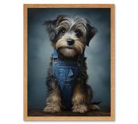 Wall Art Print Adorable Snorkie Dog in Blue Jean Dungarees Realistic Artwork Fun Pet Portrait Art Framed Artery8 Light Oak W12 inch x H16 inch