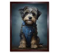 Wall Art Print Adorable Snorkie Dog in Blue Jean Dungarees Realistic Artwork Fun Pet Portrait Art Framed Artery8 Brown W12 inch x H16 inch