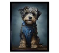 Wall Art Print Adorable Snorkie Dog in Blue Jean Dungarees Realistic Artwork Fun Pet Portrait Art Framed Artery8 Black W12 inch x H16 inch