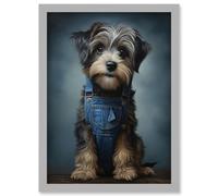 Wall Art Print Adorable Snorkie Dog in Blue Jean Dungarees Realistic Artwork Fun Pet Portrait Artwork Framed A4 Artery8 Grey A4