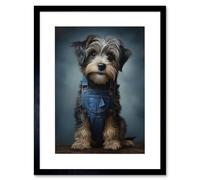 Wall Art Print Adorable Snorkie Dog in Blue Jean Dungarees Realistic Artwork Fun Pet Portrait Artwork Framed 9X7 Inch Artery8 Black W7 inch x H9 inch