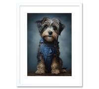 Wall Art Print Adorable Snorkie Dog in Blue Jean Dungarees Realistic Artwork Fun Pet Portrait Artwork Framed 9X7 Inch Artery8 White W7 inch x H9 inch