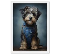 Wall Art Print Adorable Snorkie Dog in Blue Jean Dungarees Realistic Artwork Fun Pet Portrait Artwork Framed A4 Artery8 White A4