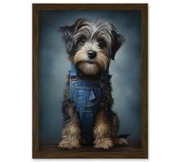 Wall Art Print Adorable Snorkie Dog in Blue Jean Dungarees Realistic Artwork Fun Pet Portrait Artwork Framed A4 Artery8 Brown A4