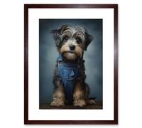 Wall Art Print Adorable Snorkie Dog in Blue Jean Dungarees Realistic Artwork Fun Pet Portrait Artwork Framed 9X7 Inch Artery8 Brown W7 inch x H9 inch