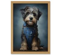 Wall Art Print Adorable Snorkie Dog in Blue Jean Dungarees Realistic Artwork Fun Pet Portrait Artwork Framed A4 Artery8 Light Oak A4