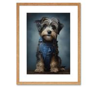 Wall Art Print Adorable Snorkie Dog in Blue Jean Dungarees Realistic Artwork Fun Pet Portrait Artwork Framed 9X7 Inch Artery8 Beige W7 inch x H9 inch