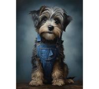 Wall Art Print Adorable Snorkie Dog in Blue Jean Dungarees Realistic Artwork Fun Pet Portrait Poster Artery8 Grey W24 inch x H32 inch