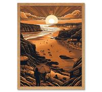 Wall Art Print Afternoon Dog Walks Woolacombe Beach Art Framed Artery8 Light Oak W12 inch x H16 inch