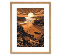 Wall Art Print Afternoon Dog Walks Woolacombe Beach Artwork Framed 9X7 Inch Artery8 Beige W7 inch x H9 inch