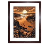 Wall Art Print Afternoon Dog Walks Woolacombe Beach Artwork Framed 9X7 Inch Artery8 Brown W7 inch x H9 inch