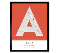 Wall Art Print Agra India City Map Modern Typography Stylish Letter Framed Word Wee Blue Coo Orange W12 inch x H16 inch