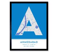 Wall Art Print Ahmedabad India City Map Modern Typography Stylish Letter Framed Word Wee Blue Coo Blue W12 inch x H16 inch