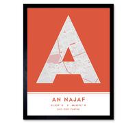 Wall Art Print An Najaf Iraq City Map Modern Typography Stylish Letter Framed Word Wee Blue Coo Orange W12 inch x H16 inch