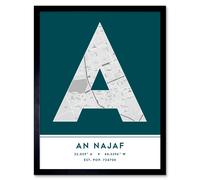 Wall Art Print An Najaf Iraq City Map Modern Typography Stylish Letter Framed Word Wee Blue Coo Teal W12 inch x H16 inch