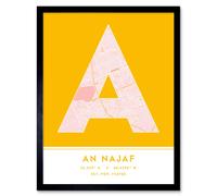 Wall Art Print An Najaf Iraq City Map Modern Typography Stylish Letter Framed Word Wee Blue Coo Yellow W12 inch x H16 inch
