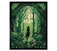 Wall Art Print Anthropomorphic Fox Silhouette Forest Art Nouveau Art Framed Artery8 Black W12 inch x H16 inch