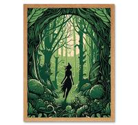Wall Art Print Anthropomorphic Fox Silhouette Forest Art Nouveau Art Framed Artery8 Light Oak W12 inch x H16 inch