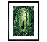 Wall Art Print Anthropomorphic Fox Silhouette Forest Art Nouveau Artwork Framed 9X7 Inch Artery8 Black W7 inch x H9 inch