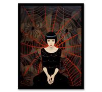 Wall Art Print Arachnophilia Oil Painting Black Red Woman and Arachnid Spider Friends Halloween Conceptual Art Framed Wee Blue Coo Black W12 inch x H16 inch