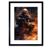 Wall Art Print Army Warfare Desert Sniper Explosion Flames Oil Painting Soldier Action Scene Artwork Framed 9X7 Inch Artery8 Black W7 inch x H9 inch