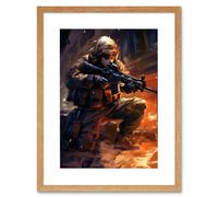 Wall Art Print Army Warfare Desert Sniper Explosion Flames Oil Painting Soldier Action Scene Artwork Framed 9X7 Inch Artery8 Beige W7 inch x H9 inch