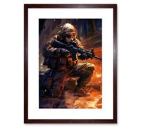 Wall Art Print Army Warfare Desert Sniper Explosion Flames Oil Painting Soldier Action Scene Artwork Framed 9X7 Inch Artery8 Brown W7 inch x H9 inch