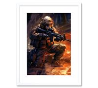 Wall Art Print Army Warfare Desert Sniper Explosion Flames Oil Painting Soldier Action Scene Artwork Framed 9X7 Inch Artery8 White W7 inch x H9 inch