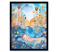 Wall Art Print Asleep In The Meadow Folk Art Framed Artery8 Black W12 inch x H16 inch
