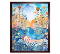 Wall Art Print Asleep In The Meadow Folk Art Framed Artery8 Brown W12 inch x H16 inch