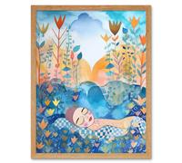 Wall Art Print Asleep In The Meadow Folk Art Framed Artery8 Light Oak W12 inch x H16 inch