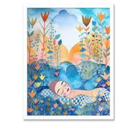 Wall Art Print Asleep In The Meadow Folk Art Framed Artery8 White W12 inch x H16 inch