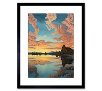 Wall Art Print Atmospheric Cloud Reflections Early Morning Dawn at Mono Lake Modern Watercolour Painting Artwork Framed 9X7 Inch Artery8 Black W7 inch x H9 inch