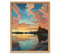 Wall Art Print Atmospheric Cloud Reflections Early Morning Dawn at Mono Lake Modern Watercolour Painting Art Framed Artery8 Light Oak W12 inch x H16 inch