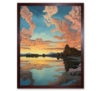Wall Art Print Atmospheric Cloud Reflections Early Morning Dawn at Mono Lake Modern Watercolour Painting Art Framed Artery8 Brown W12 inch x H16 inch