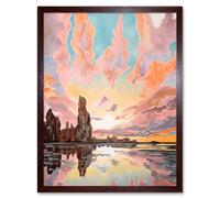 Wall Art Print Atmospheric Cloud Sunrise Reflections Mono Lake Pastel Pink Colour Modern Watercolour Painting Art Framed Artery8 Brown W12 inch x H16 inch