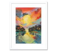 Wall Art Print Atmospheric Clouds Over Mono Lake Fishing Village at Dawn Modern Watercolour Painting Artwork Framed 9X7 Inch Artery8 White W7 inch x H9 inch