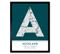 Wall Art Print Auckland New Zealand City Map Modern Typography Stylish Letter Framed Word Wee Blue Coo Teal W12 inch x H16 inch