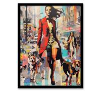 Wall Art Print Autumn City Fashion Advert Acrylic Painting Woman With Dogs In Busy Street Vibrant Colourful Bold Pop Art Modern Painting Collage Art F Artery8 Multi W12 inch x H16 inch