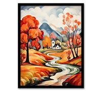 Wall Art Print Autumn Countryside Landscape Painting River Village Framed Artery8 Orange A4