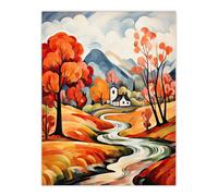 Wall Art Print Autumn Countryside Landscape Painting River Village Poster Artery8 Orange W24 inch x H32 inch
