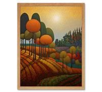 Wall Art Print Autumn Fields Pointillism Painting Amber Orange Green Countryside Landscape Art Framed Artery8 Light Oak W12 inch x H16 inch