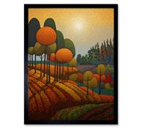 Wall Art Print Autumn Fields Pointillism Painting Amber Orange Green Countryside Landscape Art Framed Artery8 Black W12 inch x H16 inch