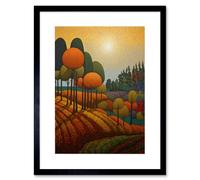 Wall Art Print Autumn Fields Pointillism Painting Amber Orange Green Countryside Landscape Artwork Framed 9X7 Inch Artery8 Black W7 inch x H9 inch