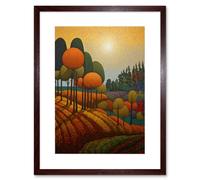 Wall Art Print Autumn Fields Pointillism Painting Amber Orange Green Countryside Landscape Artwork Framed 9X7 Inch Artery8 Brown W7 inch x H9 inch