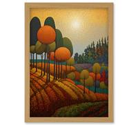 Wall Art Print Autumn Fields Pointillism Painting Amber Orange Green Countryside Landscape Artwork Framed A4 Artery8 Light Oak A4